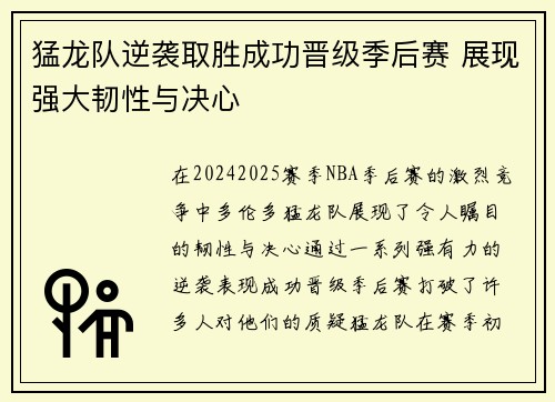 猛龙队逆袭取胜成功晋级季后赛 展现强大韧性与决心