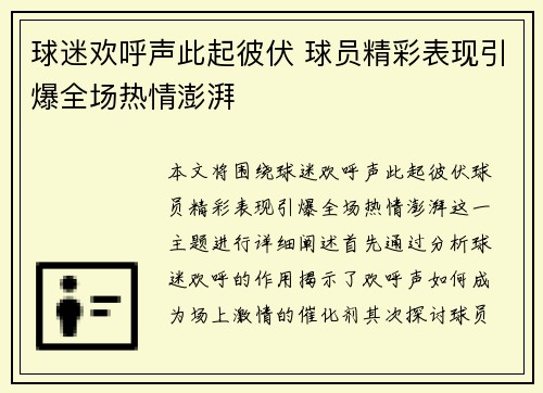 球迷欢呼声此起彼伏 球员精彩表现引爆全场热情澎湃